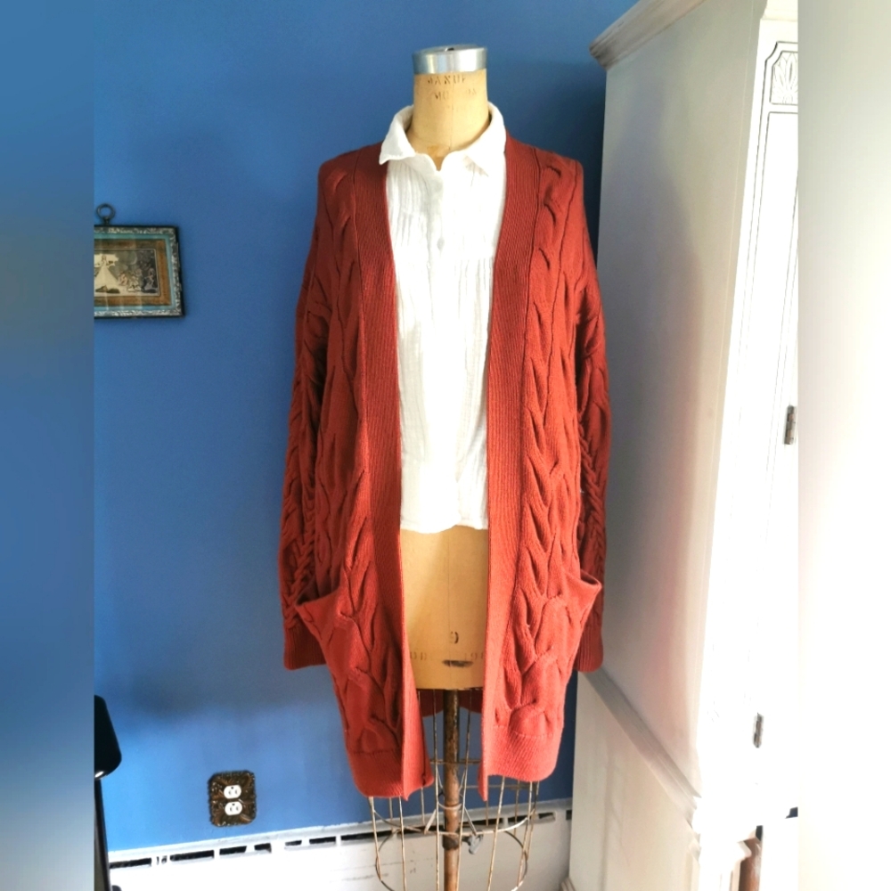Aritzia Rust Cable Knit Open Cardigan